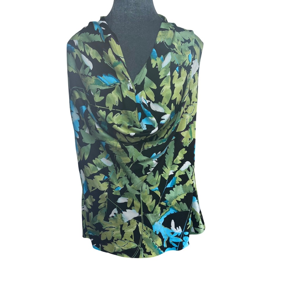 Classiques Entier Silk Blend Blouse Botanical Black Green Floral Cowl Neck M